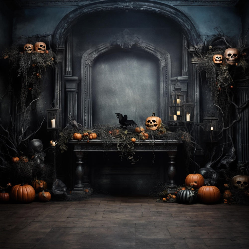 Halloween Pumpkin Skeleton Retro Wall Backdrop RR7-445