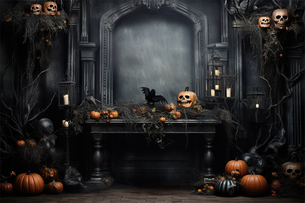 Halloween Pumpkin Skeleton Retro Wall Backdrop RR7-445