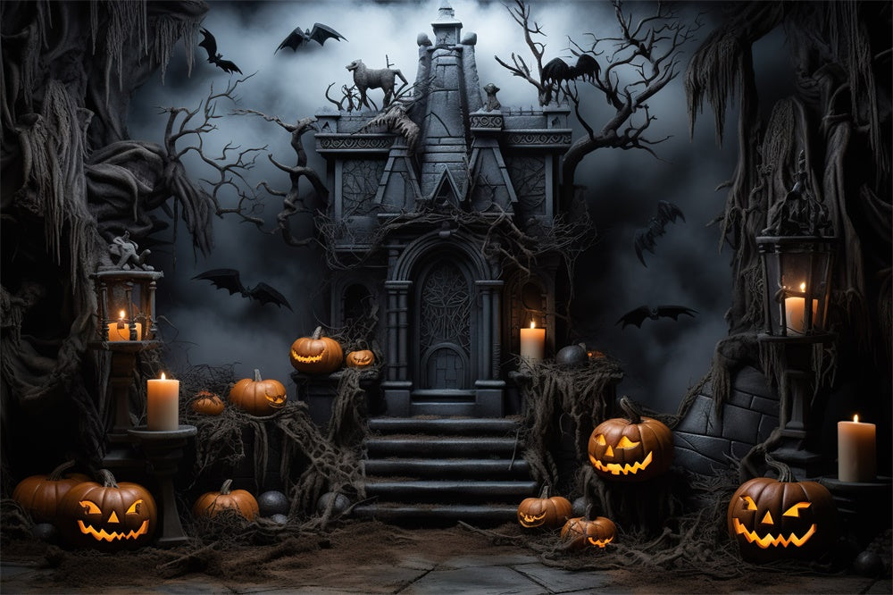 Haunted Castle Pumpkin Candle Halloween Backdrop RR7-446