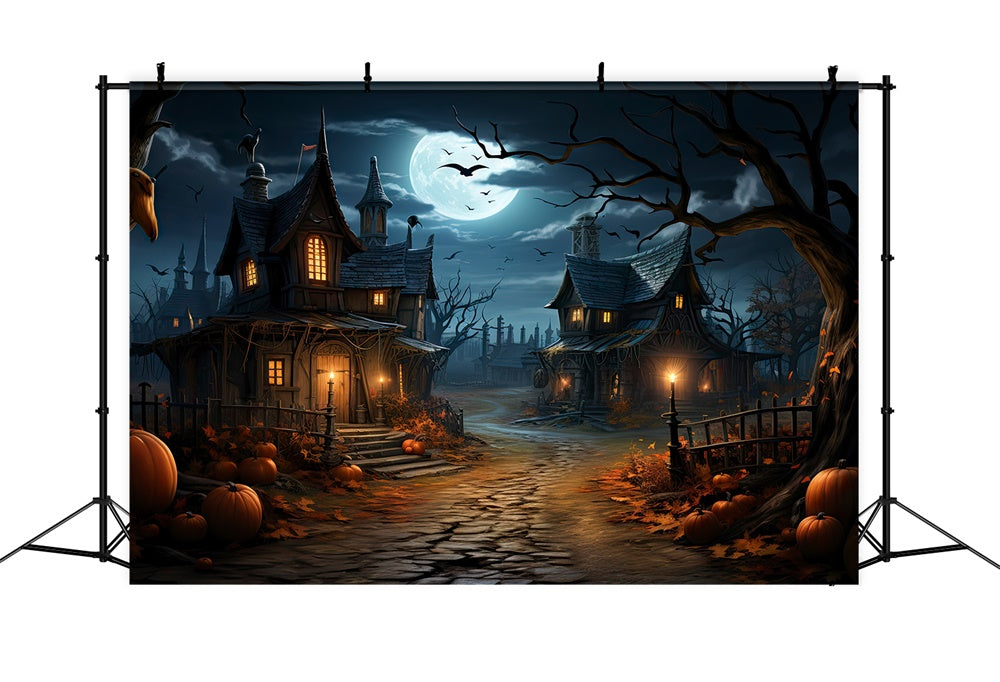 Halloween Moon Night Houses Pumpkin Backdrop RR7-447