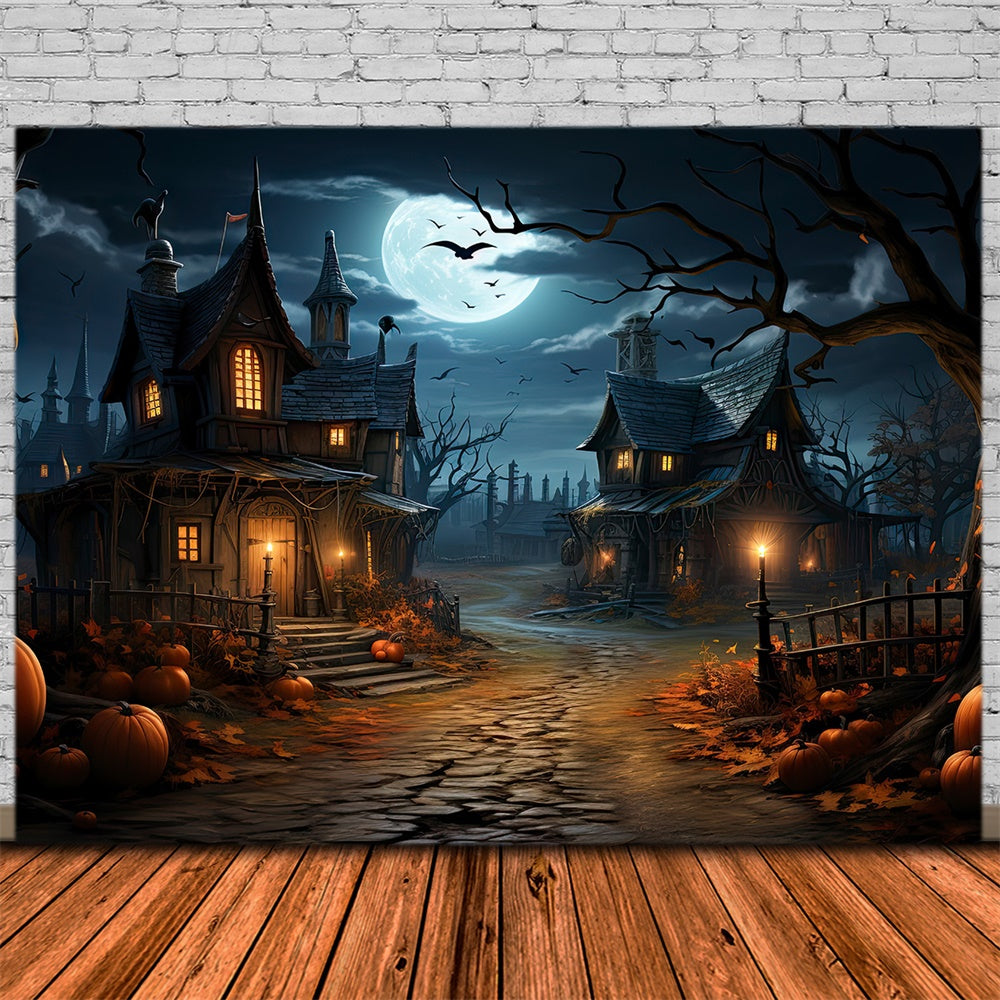 Halloween Moon Night Houses Pumpkin Backdrop RR7-447