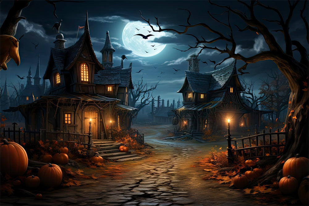 Halloween Moon Night Houses Pumpkin Backdrop RR7-447