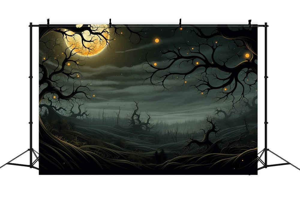 Halloween Moonlit Graveyard Glowing Trees Backdrop RR7-448