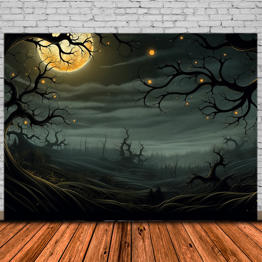 Halloween Moonlit Graveyard Glowing Trees Backdrop RR7-448