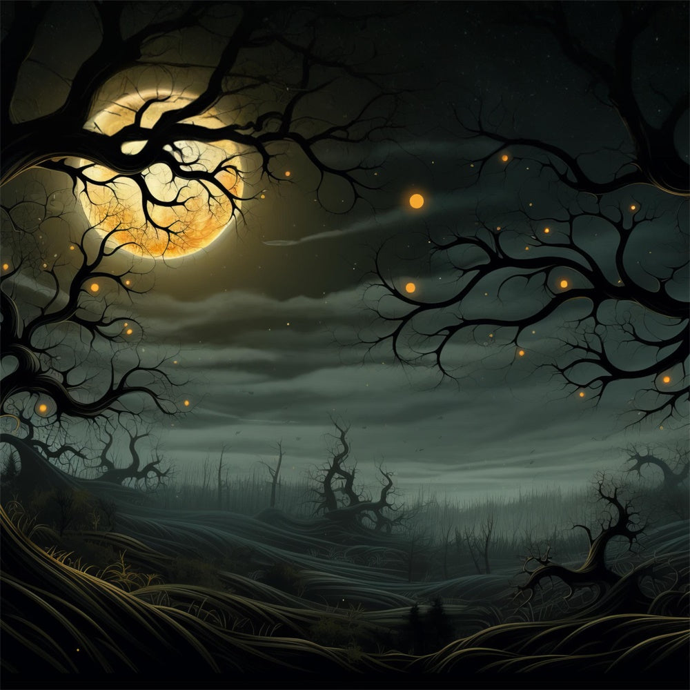 Halloween Moonlit Graveyard Glowing Trees Backdrop RR7-448