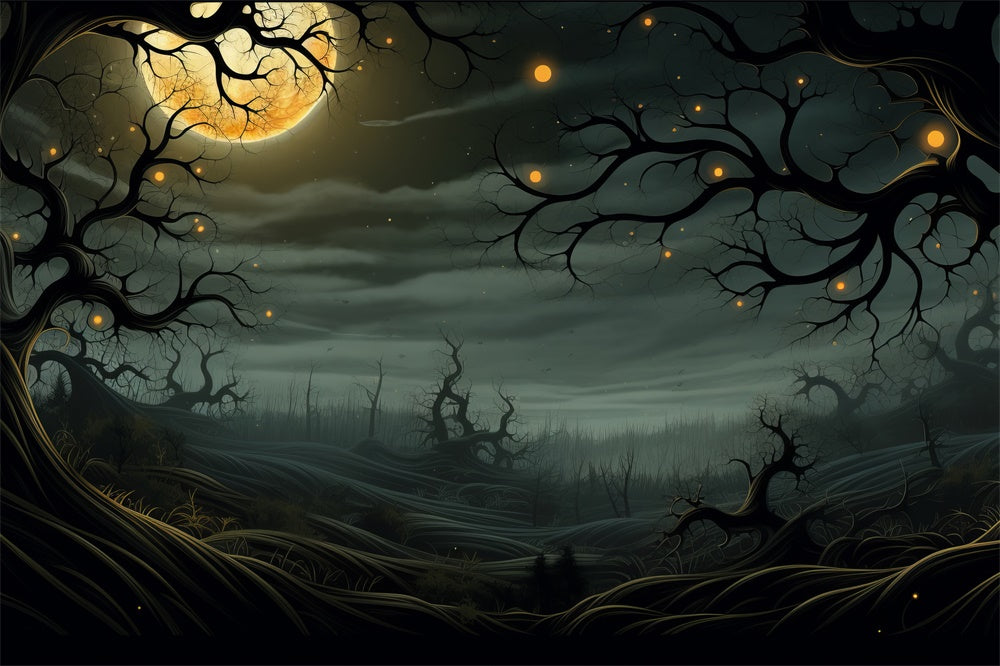 Halloween Moonlit Graveyard Glowing Trees Backdrop RR7-448