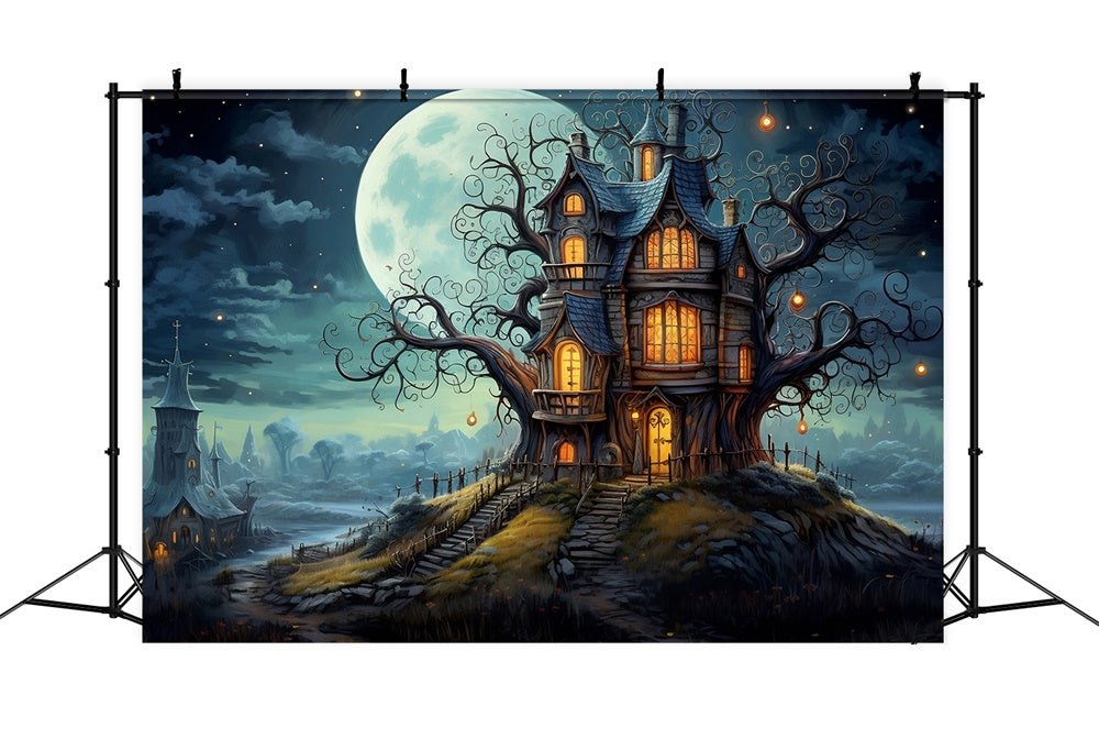 Halloween Full Moon House Graveyard Backdrop RR7-449