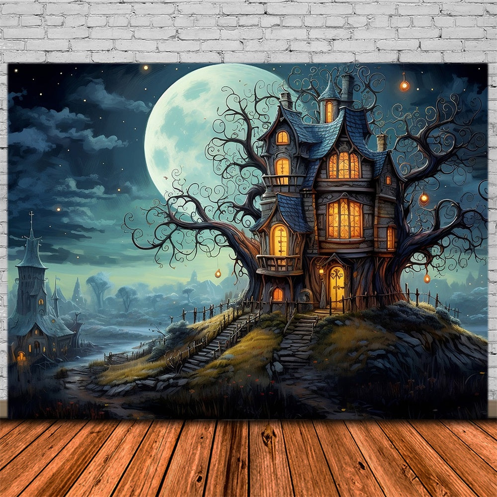 Halloween Full Moon House Graveyard Backdrop RR7-449