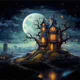 Halloween Full Moon House Graveyard Backdrop RR7-449