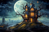 Halloween Full Moon House Graveyard Backdrop RR7-449