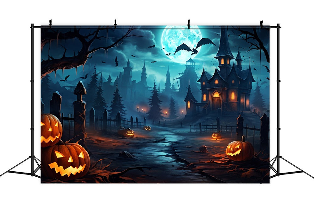 Spooky Halloween Forest Pumpkin Bats Backdrop RR7-450