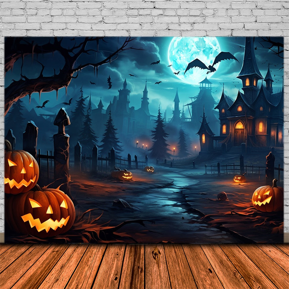 Spooky Halloween Forest Pumpkin Bats Backdrop RR7-450