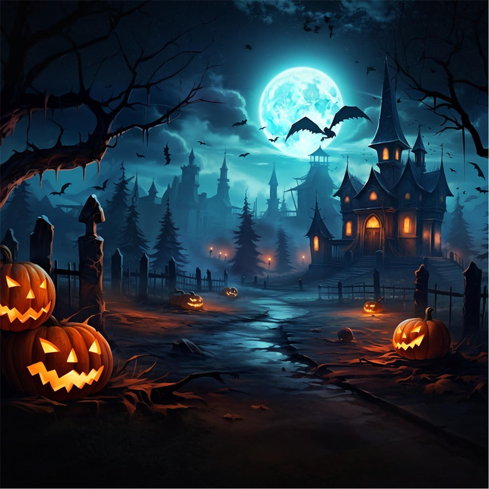 Spooky Halloween Forest Pumpkin Bats Backdrop RR7-450