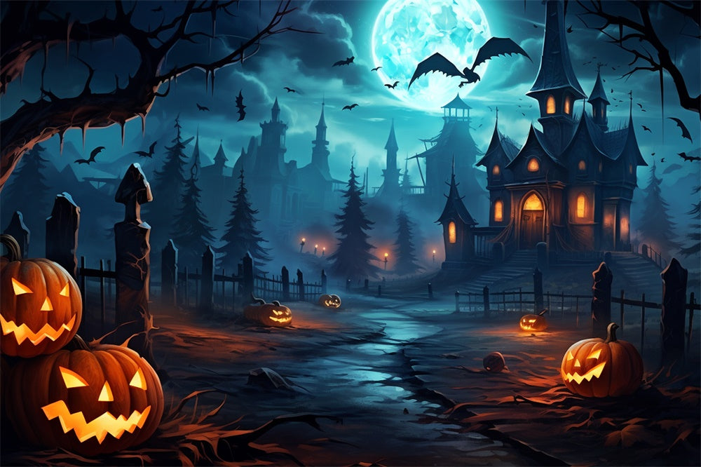 Spooky Halloween Forest Pumpkin Bats Backdrop RR7-450