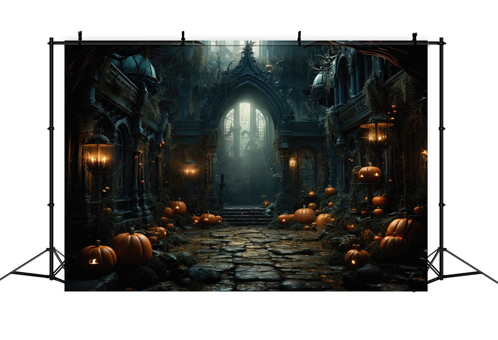 Old Castle Pumpkin Lanterns Halloween Backdrop RR7-451