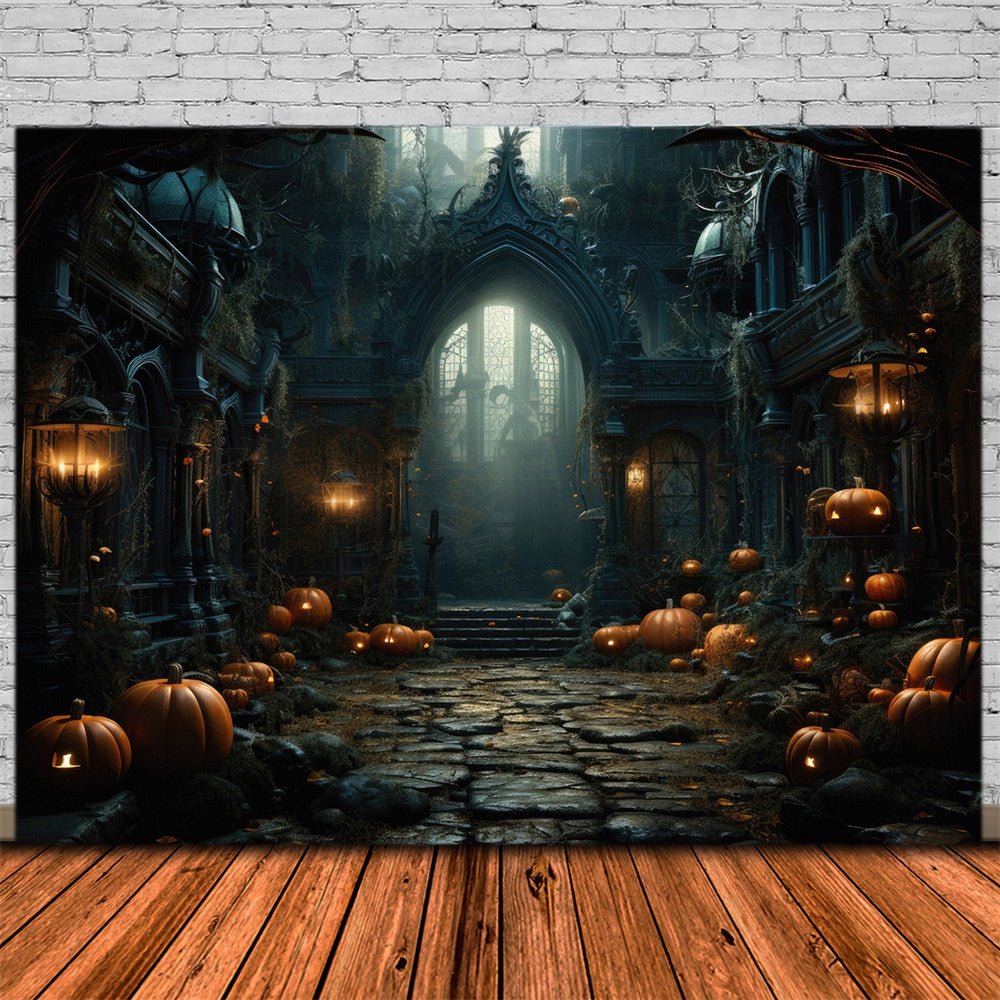 Old Castle Pumpkin Lanterns Halloween Backdrop RR7-451