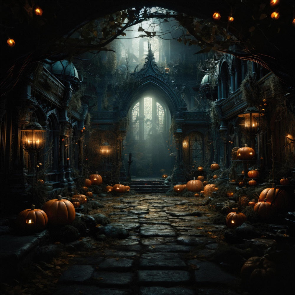 Old Castle Pumpkin Lanterns Halloween Backdrop RR7-451