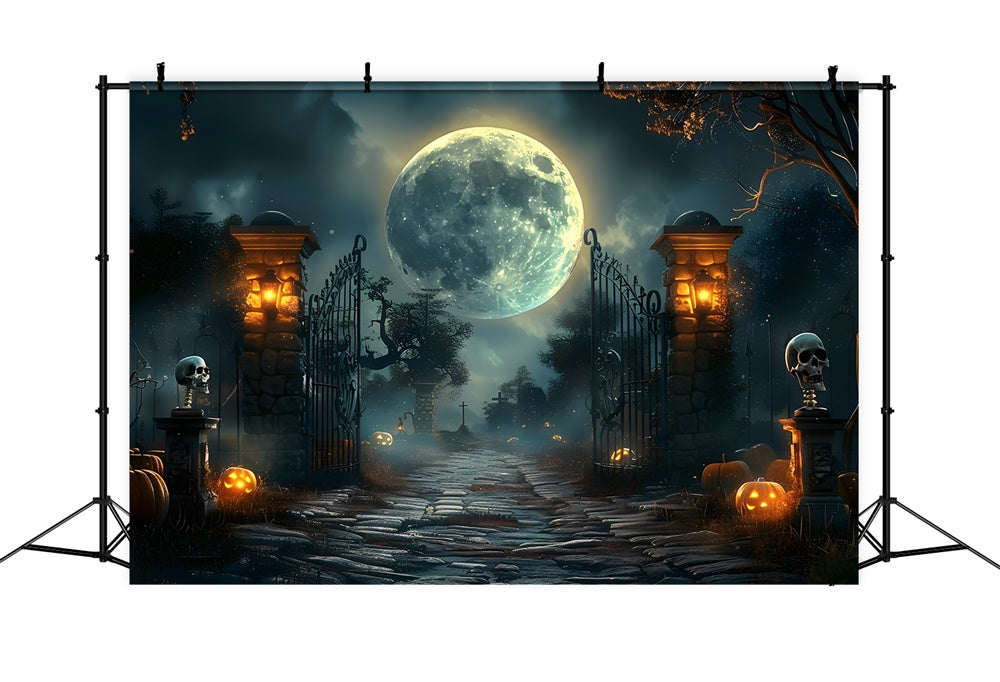 Halloween Dark Graveyard Gate Skeleton Backdrop RR7-455