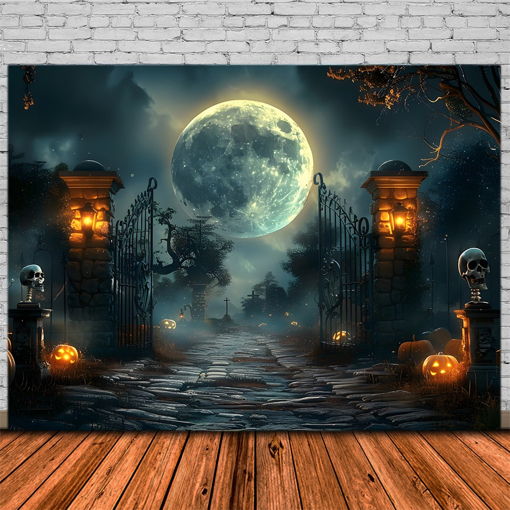 Halloween Dark Graveyard Gate Skeleton Backdrop RR7-455