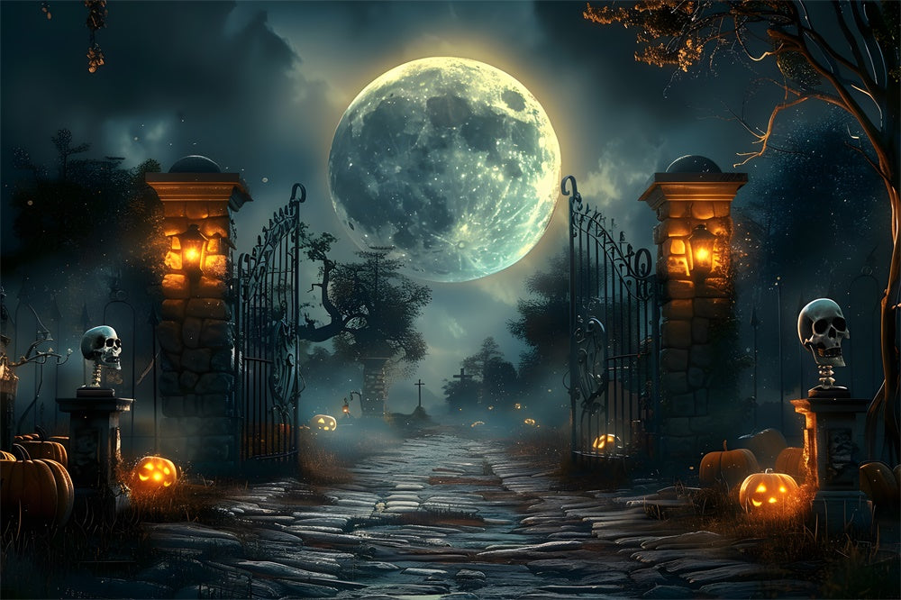 Halloween Dark Graveyard Gate Skeleton Backdrop RR7-455