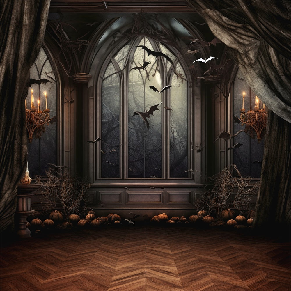 Halloween Horror Window Bats Candle Backdrop RR7-459