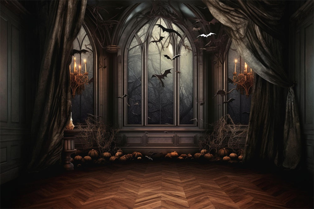 Halloween Horror Window Bats Candle Backdrop RR7-459