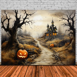 Halloween Scary Castle Path Pumpkin Backdrop RR7-460