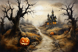 Halloween Scary Castle Path Pumpkin Backdrop RR7-460