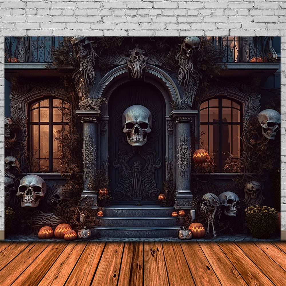 Spooky House Door Skull Halloween Backdrop RR7-462