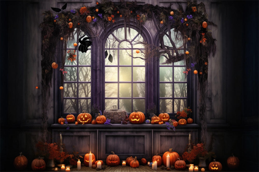 Halloween Window Pumpkin Candle Backdrop RR7-466