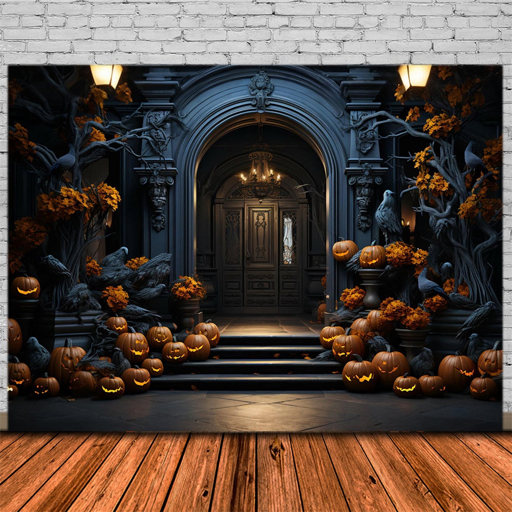 Halloween Pumpkin Mansion Gate Backdrop RR7-467