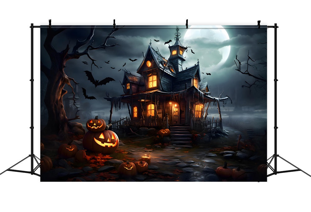 Halloween Moon Haunted Castle Pumpkin Backdrop RR7-475