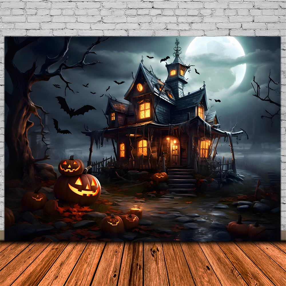 Halloween Moon Haunted Castle Pumpkin Backdrop RR7-475