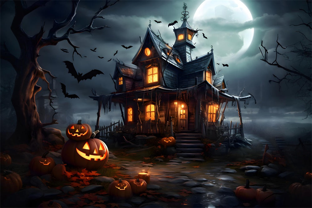 Halloween Moon Haunted Castle Pumpkin Backdrop RR7-475