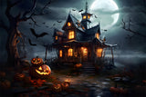 Halloween Moon Haunted Castle Pumpkin Backdrop RR7-475