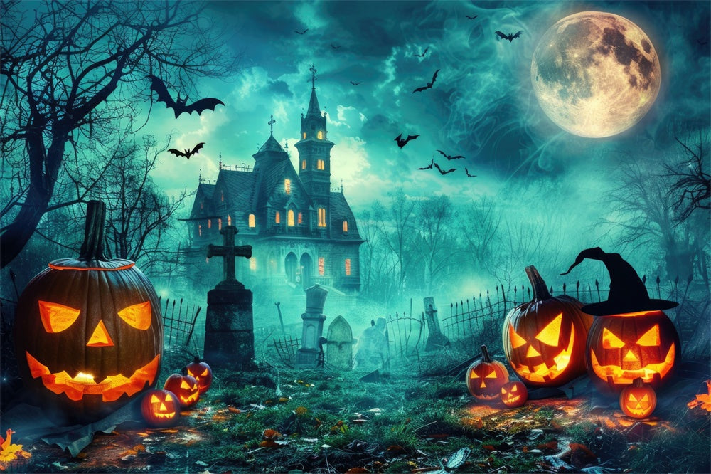 Cemetery Ghost House Halloween Moon Backdrop RR7-477