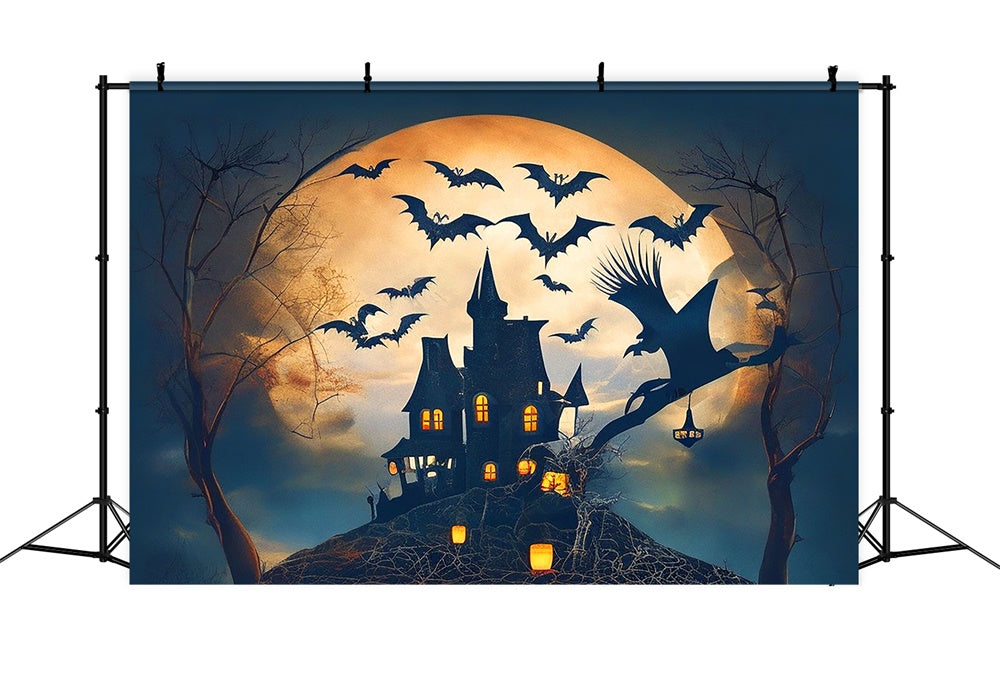 Halloween Full Moon Castle Bats Witch Backdrop RR7-479