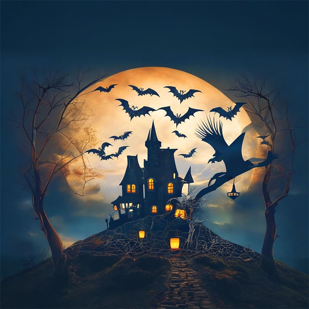 Halloween Full Moon Castle Bats Witch Backdrop RR7-479