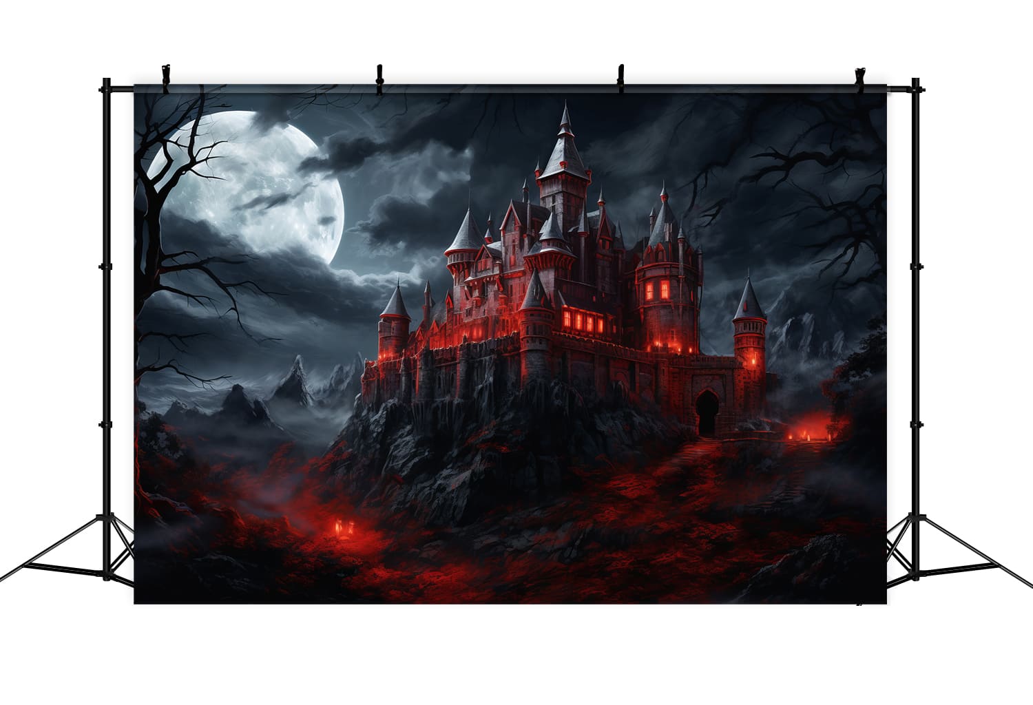 Halloween Spooky Red Glowing Castle Backdrop RR7-48