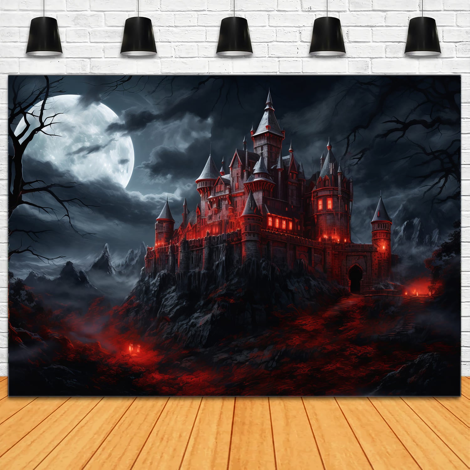 Halloween Spooky Red Glowing Castle Backdrop RR7-48