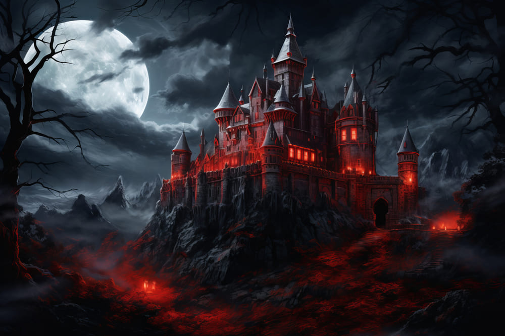 Halloween Spooky Red Glowing Castle Backdrop RR7-48