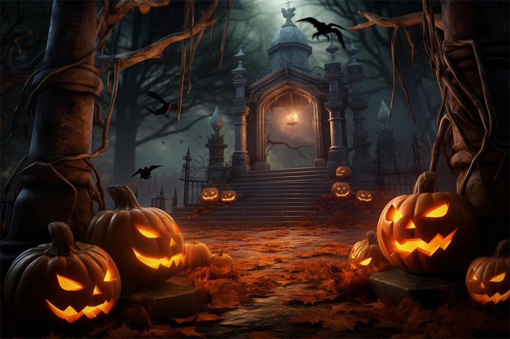 Halloween Night Graveyard Gate Pumpkin Backdrop RR7-483