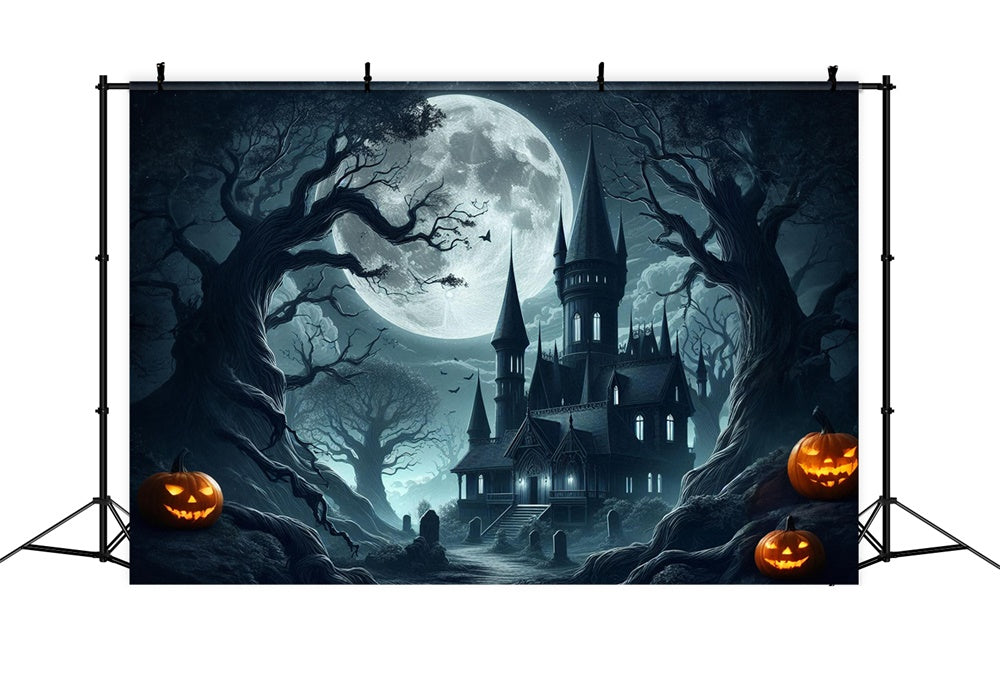 Halloween Spooky Castle Full Moon Backdrop RR7-484