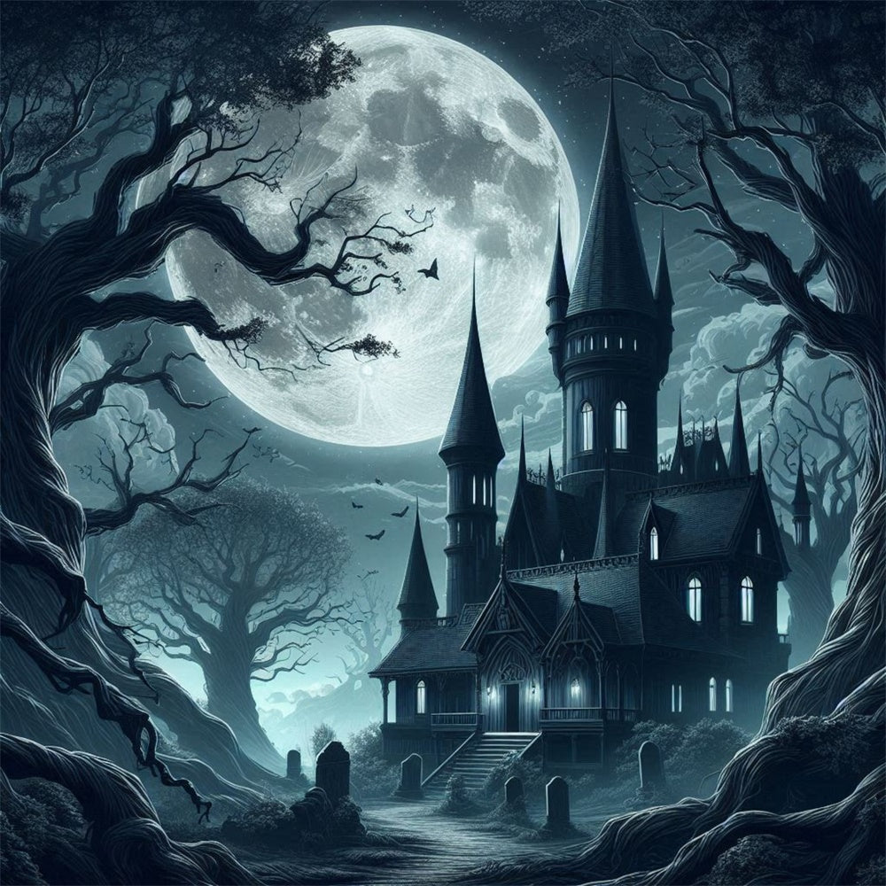 Halloween Spooky Castle Full Moon Backdrop RR7-484