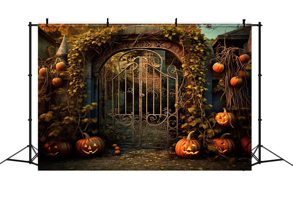 Halloween House Iron Gate Pumpkin Vines Backdrop RR7-485