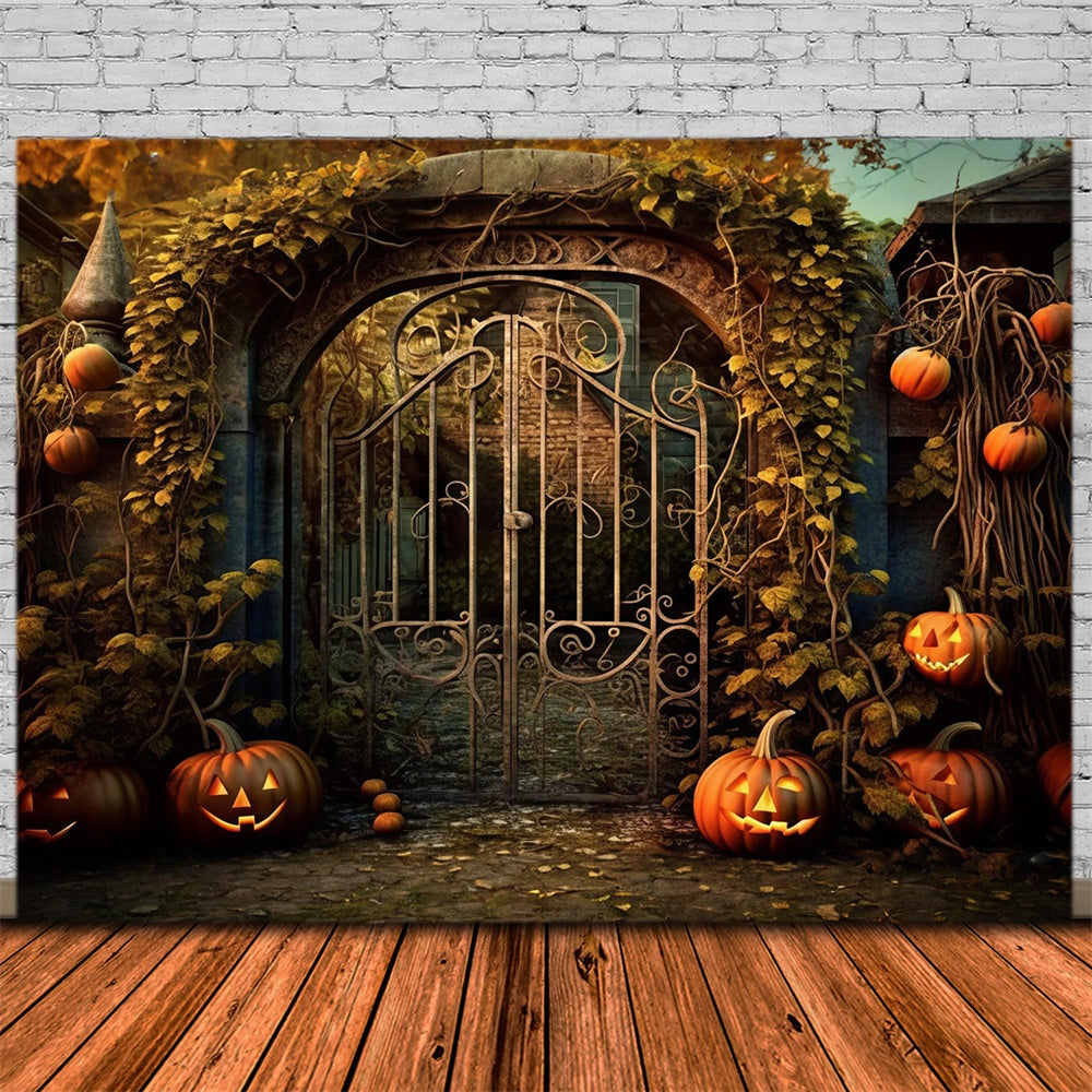 Halloween House Iron Gate Pumpkin Vines Backdrop RR7-485