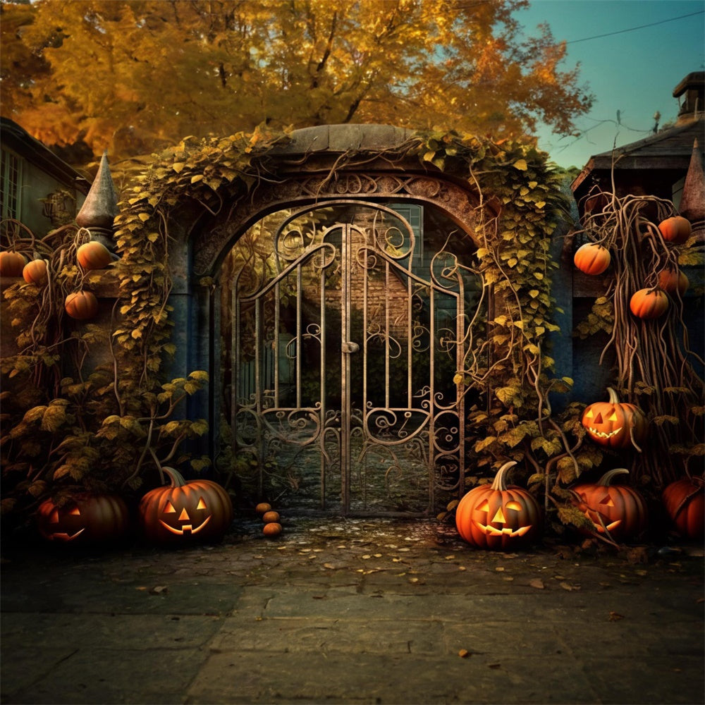 Halloween House Iron Gate Pumpkin Vines Backdrop RR7-485