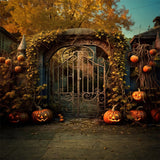 Halloween House Iron Gate Pumpkin Vines Backdrop RR7-485