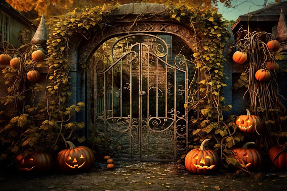 Halloween House Iron Gate Pumpkin Vines Backdrop RR7-485