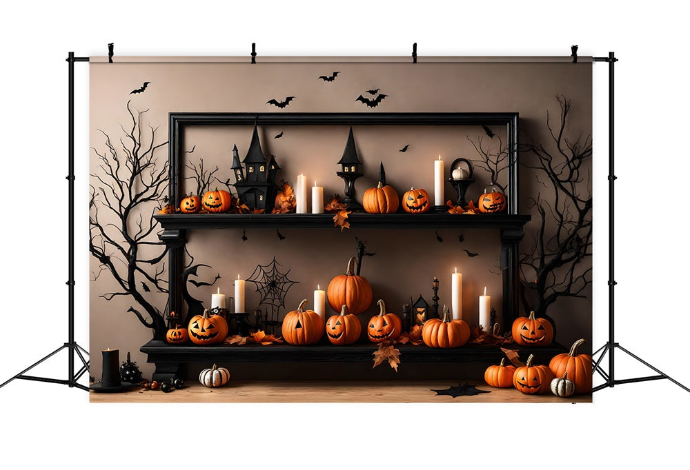 Pumpkin Candles Bats Wall Halloween Backdrop RR7-489